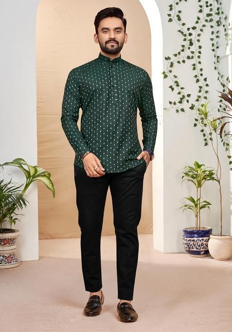 Green Cotton Jacquard Printed Mens Kurta For Men