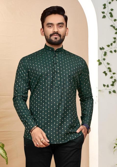 Green Cotton Jacquard Printed Mens Kurta For Men