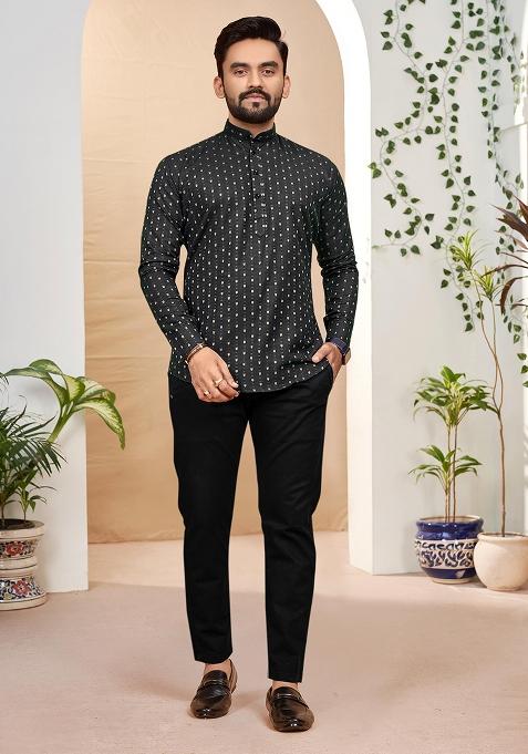 Black Cotton Jacquard Printed Mens Kurta For Men