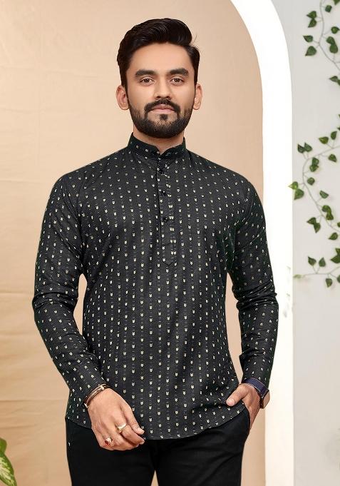 Black Cotton Jacquard Printed Mens Kurta For Men