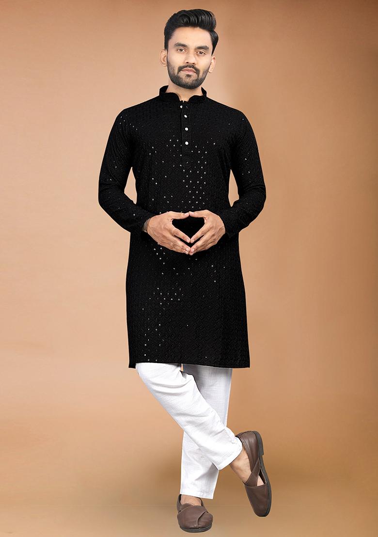 Black Rayon Schiffli Work Kurta With Pyjama For Men
