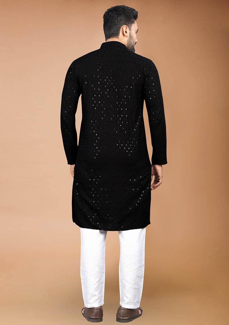 Black Rayon Schiffli Work Kurta With Pyjama For Men