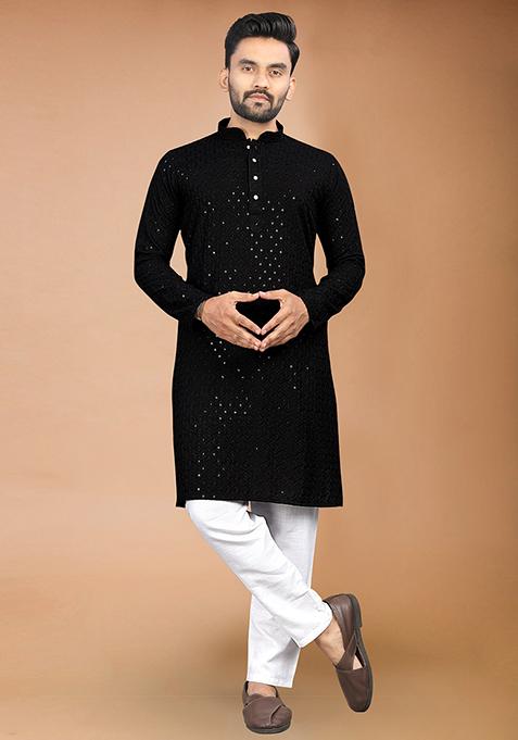Black Rayon Schiffli Work Kurta With Pyjama For Men