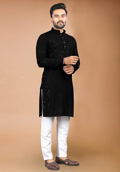 Black Rayon Schiffli Work Kurta With Pyjama For Men