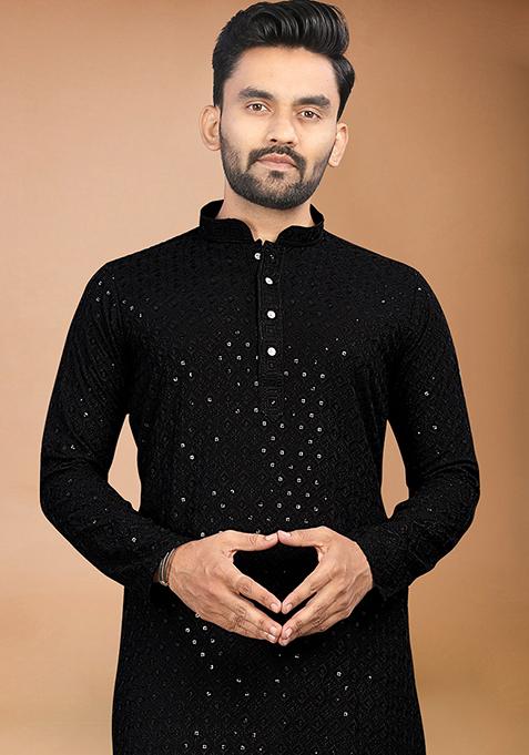 Black Rayon Schiffli Work Kurta With Pyjama For Men