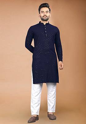 Blue Rayon Schiffli Work Kurta With Pyjama For Men