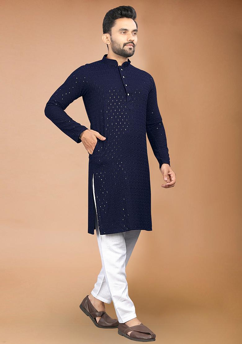 Blue Rayon Schiffli Work Kurta With Pyjama For Men - Indya