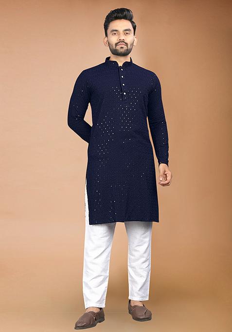Blue Rayon Schiffli Work Kurta With Pyjama For Men