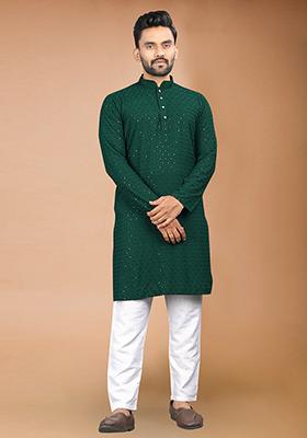 Green Rayon Schiffli Work Kurta With Pyjama For Men