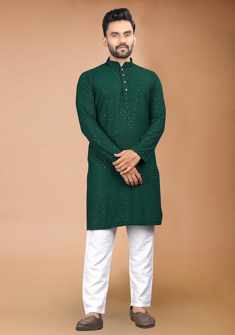 Green Rayon Schiffli Work Kurta With Pyjama For Men