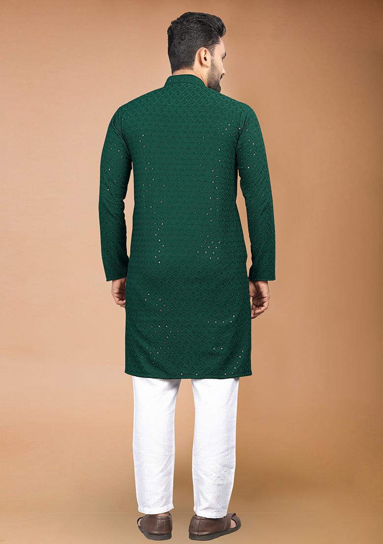 Green Rayon Schiffli Work Kurta With Pyjama For Men