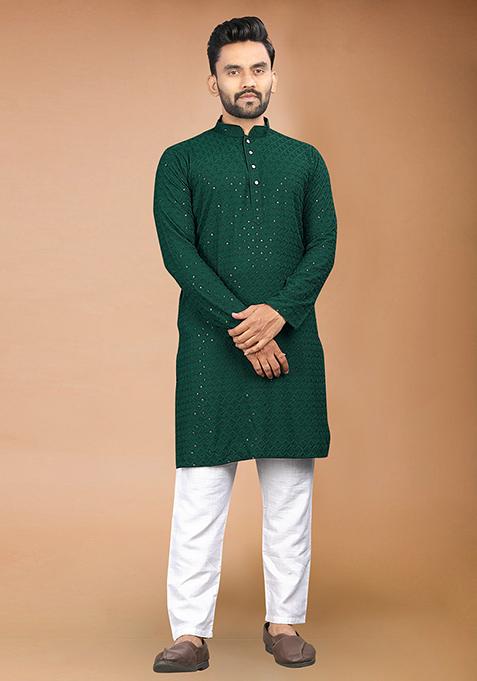 Green Rayon Schiffli Work Kurta With Pyjama For Men