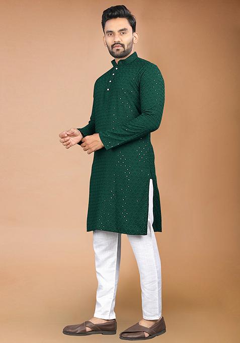Green Rayon Schiffli Work Kurta With Pyjama For Men