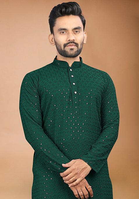 Green Rayon Schiffli Work Kurta With Pyjama For Men