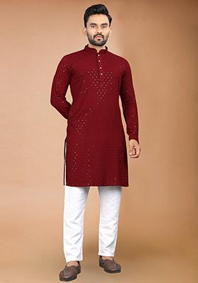 Maroon Rayon Schiffli Work Kurta With Pyjama For Men