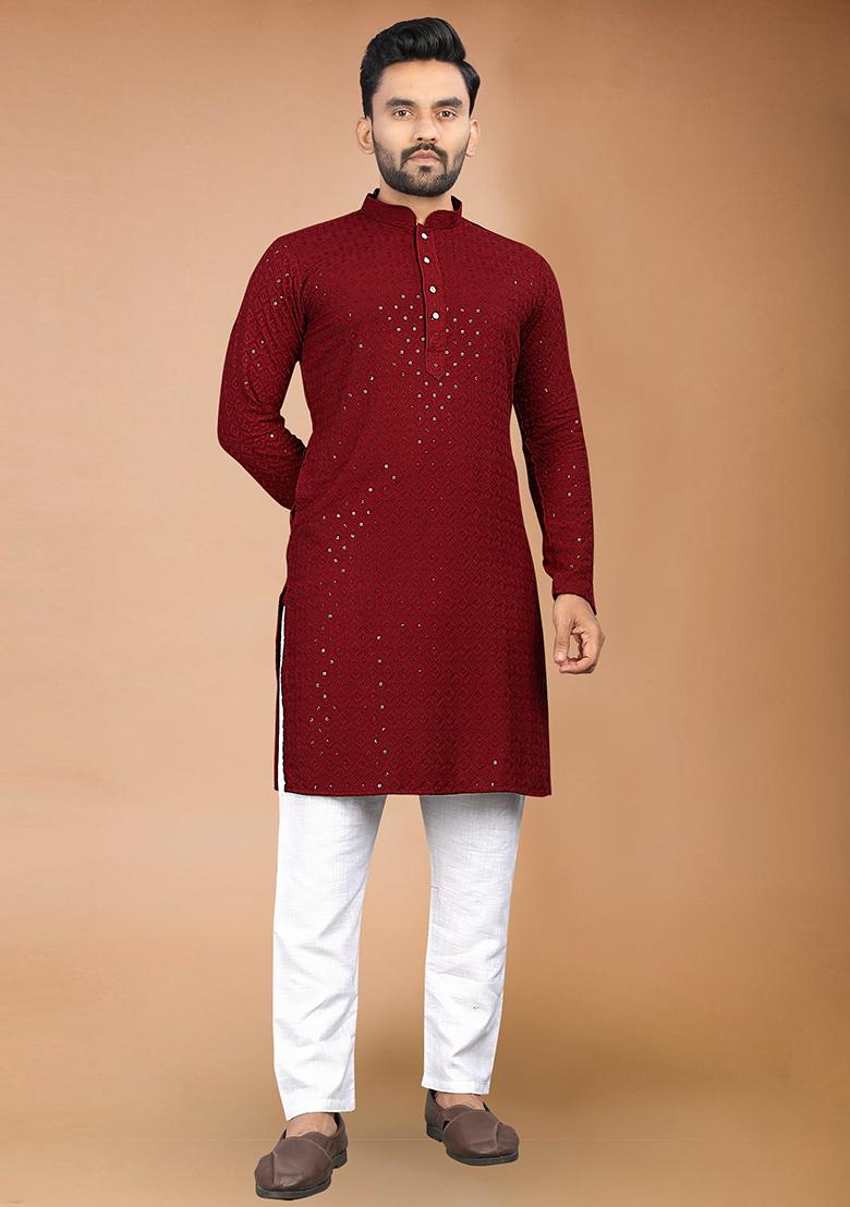 Maroon Rayon Schiffli Work Kurta With Pyjama For Men