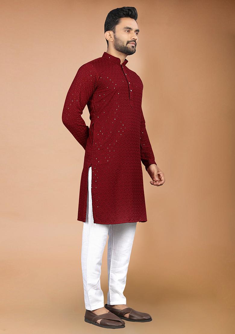 Maroon Rayon Schiffli Work Kurta With Pyjama For Men