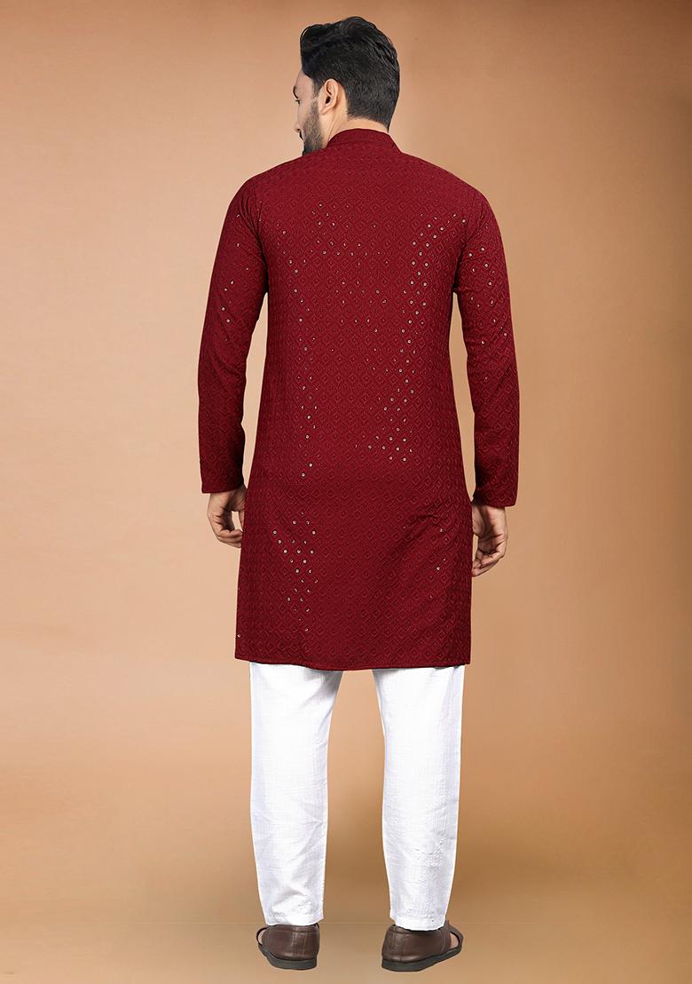 Maroon Rayon Schiffli Work Kurta With Pyjama For Men