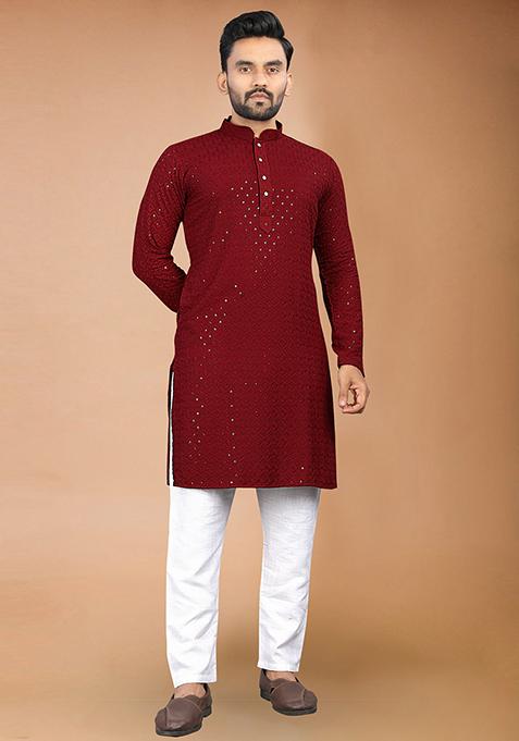 Maroon Rayon Schiffli Work Kurta With Pyjama For Men