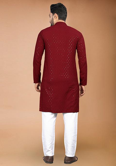 Maroon Rayon Schiffli Work Kurta With Pyjama For Men