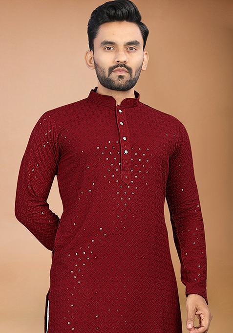 Maroon Rayon Schiffli Work Kurta With Pyjama For Men