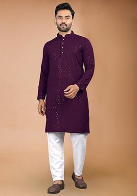 Wine Rayon Schiffli Work Kurta With Pyjama For Men