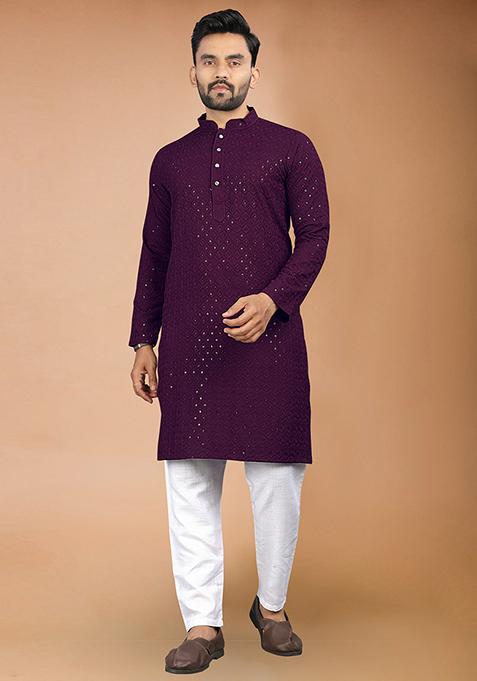 Wine Rayon Schiffli Work Kurta With Pyjama For Men