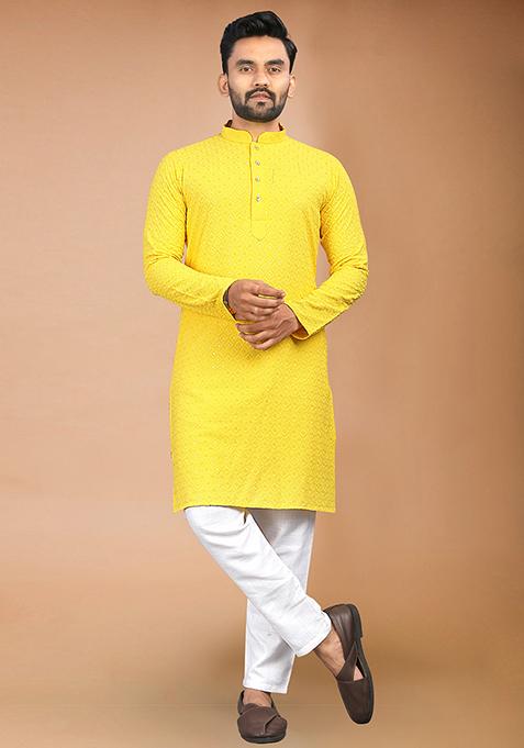 Yellow Rayon Schiffli Work Kurta With Pyjama For Men