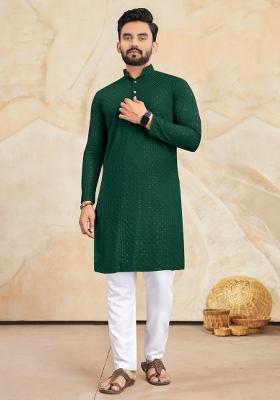 Green Rayon Lucknowi And Sequins Work Kurta Set For Men