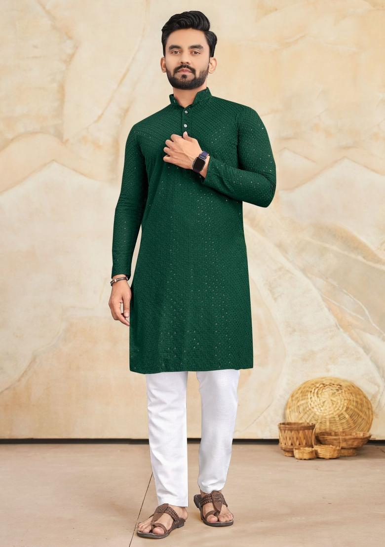 Green Rayon Lucknowi And Sequins Work Kurta Set For Men
