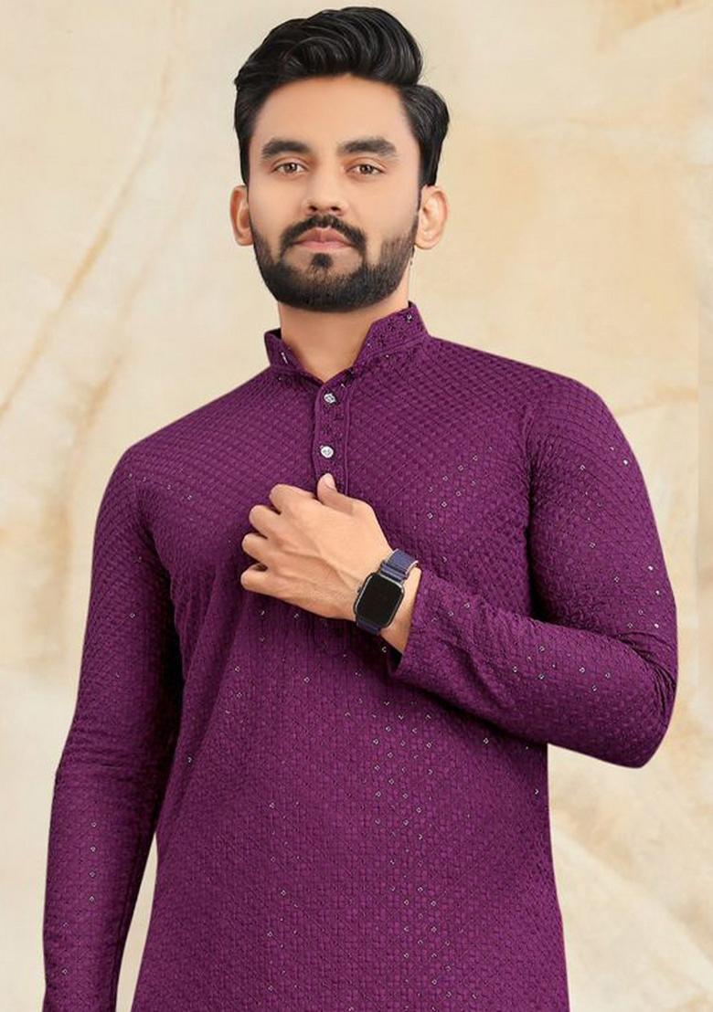 Purple Rayon Lucknowi And Sequins Work Kurta Set For Men