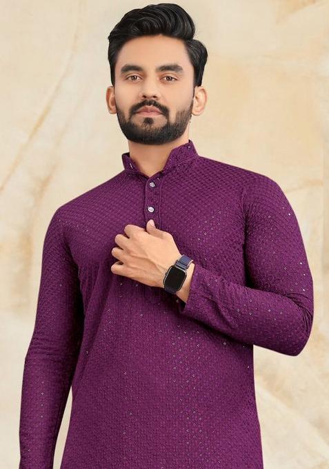 Purple Rayon Lucknowi And Sequins Work Kurta Set For Men