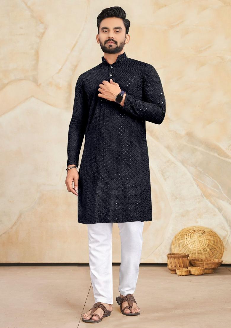 Black Rayon Lucknowi And Sequins Work Kurta Set For Men