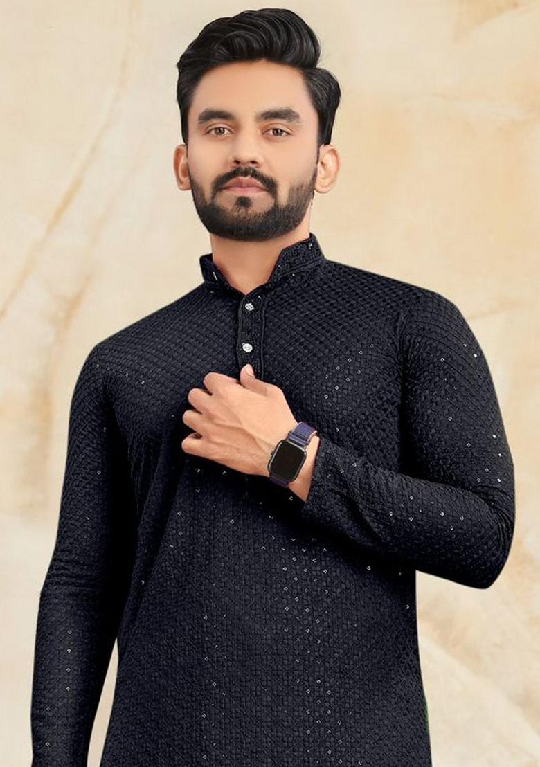 Black Rayon Lucknowi And Sequins Work Kurta Set For Men - Indya