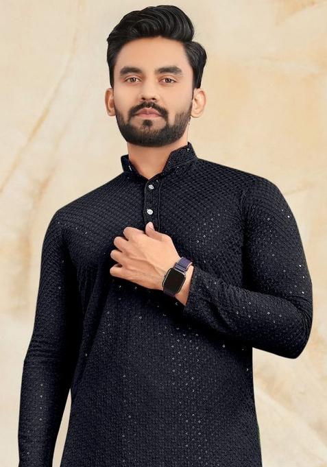 Black Rayon Lucknowi And Sequins Work Kurta Set For Men