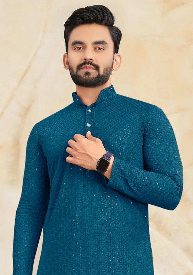 Rama Rayon Lucknowi And Sequins Work Kurta Set For Men