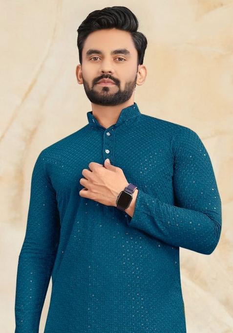 Rama Rayon Lucknowi And Sequins Work Kurta Set For Men