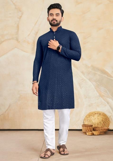 Blue Rayon Lucknowi And Sequins Work Kurta Set For Men