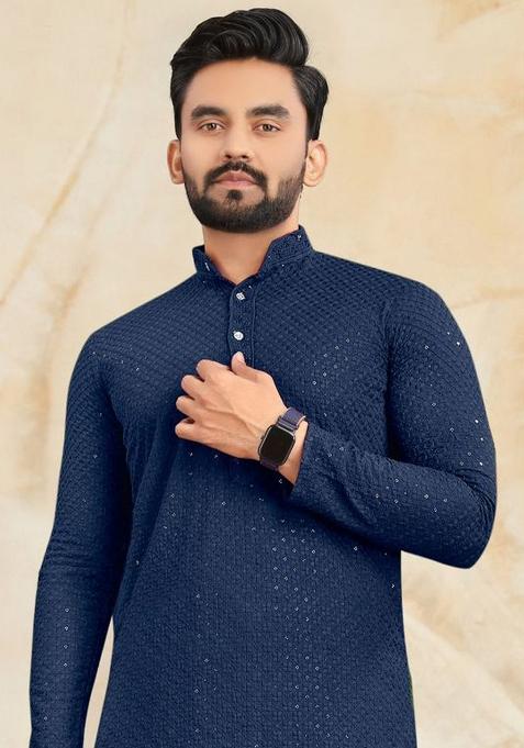 Blue Rayon Lucknowi And Sequins Work Kurta Set For Men