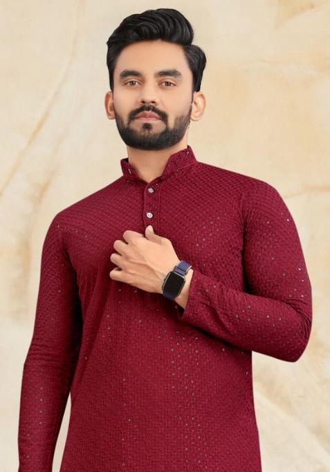 Maroon Rayon Lucknowi And Sequins Work Kurta Set For Men