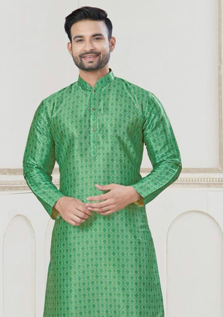 Green Jacquard Silk Jacquard Kurta Pyjama For Men