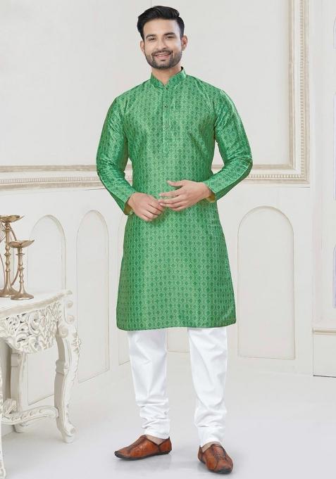Green Jacquard Silk Jacquard Kurta Pyjama For Men