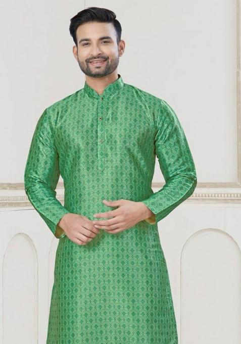 Green Jacquard Silk Jacquard Kurta Pyjama For Men