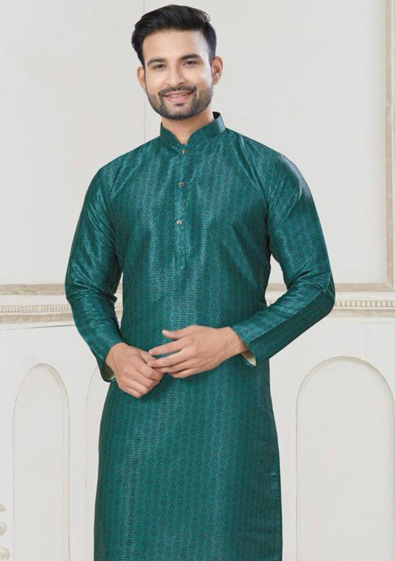 Teal Jacquard Silk Jacquard Kurta Pyjama For Men