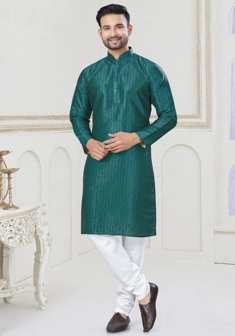 Teal Jacquard Silk Jacquard Kurta Pyjama For Men