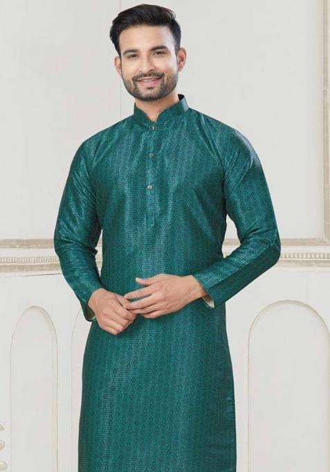 Teal Jacquard Silk Jacquard Kurta Pyjama For Men
