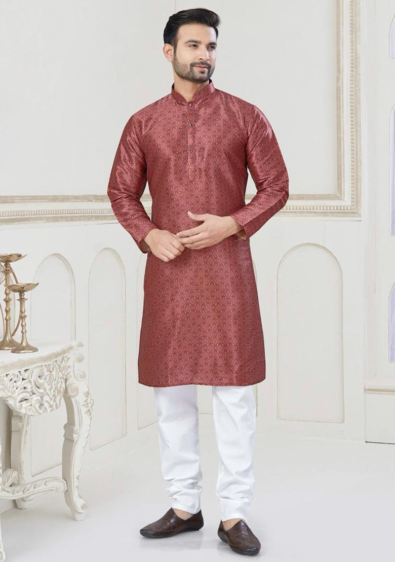 Maroon Jacquard Silk Jacquard Kurta Pyjama For Men