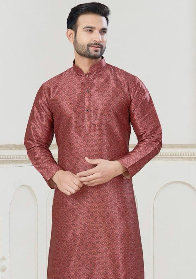 Maroon Jacquard Silk Jacquard Kurta Pyjama For Men