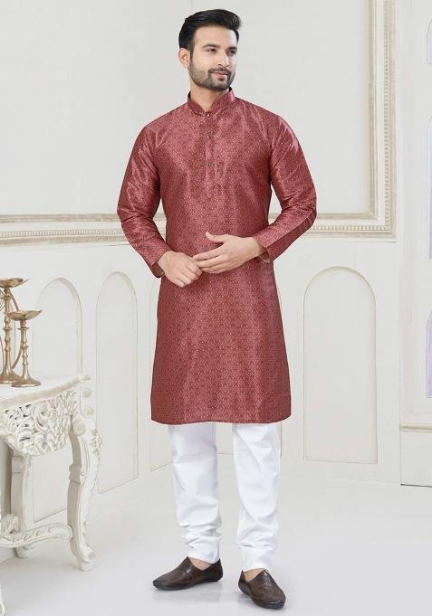 Maroon Jacquard Silk Jacquard Kurta Pyjama For Men