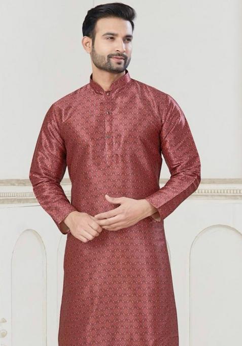 Maroon Jacquard Silk Jacquard Kurta Pyjama For Men